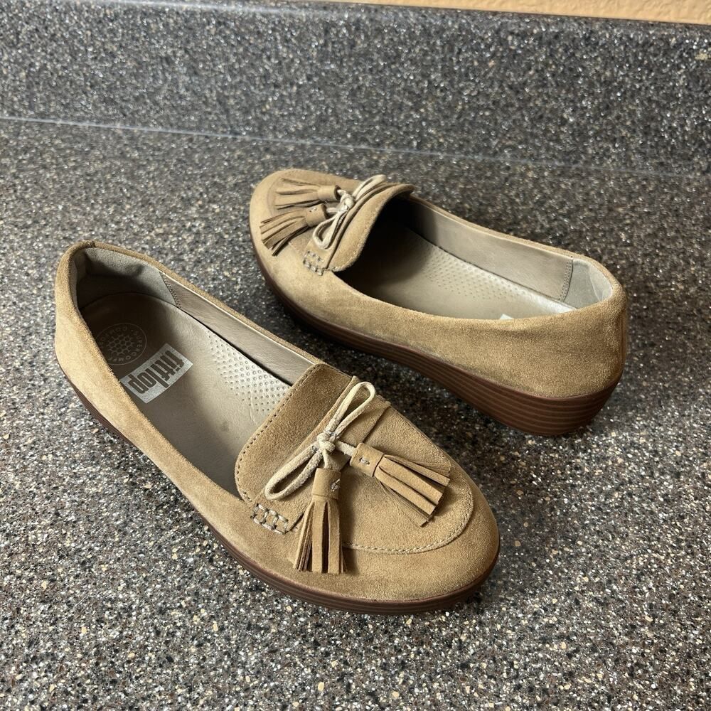 FitFlop Tan Leather Flat Shoes Womens 6.5 Slip On Comfort Casual Loafer Tasseled